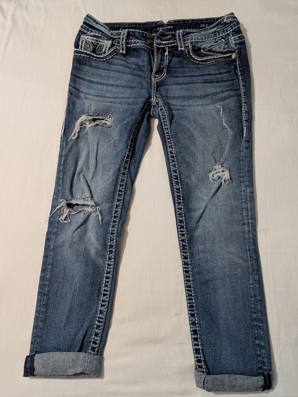 Vigoss Women's Distressed Cuffed Crop Jeans - Medium Blue Wash